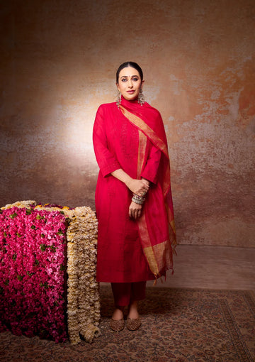 Karisma Red Chanderi Chikankari 4PC Kurta Set