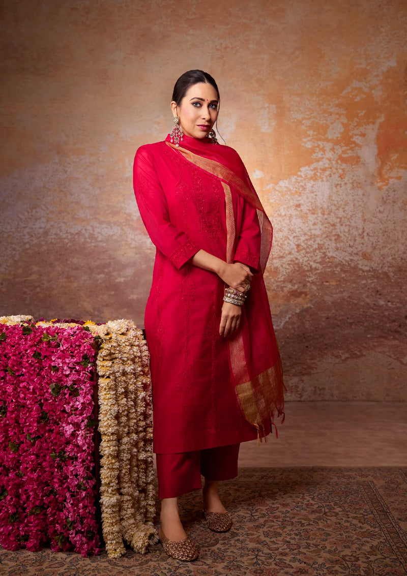 Karisma Red Chanderi Chikankari 4PC Kurta Set