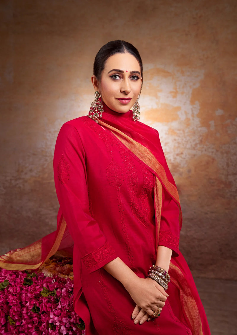 Karisma Red Chanderi Chikankari 4PC Kurta Set