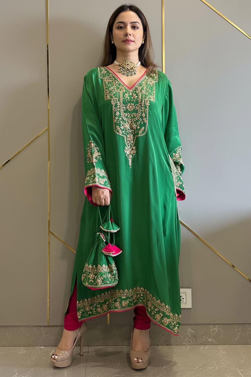 Luxury Crepe Embroidered Phiran Kurta Set with Churidar & Potli