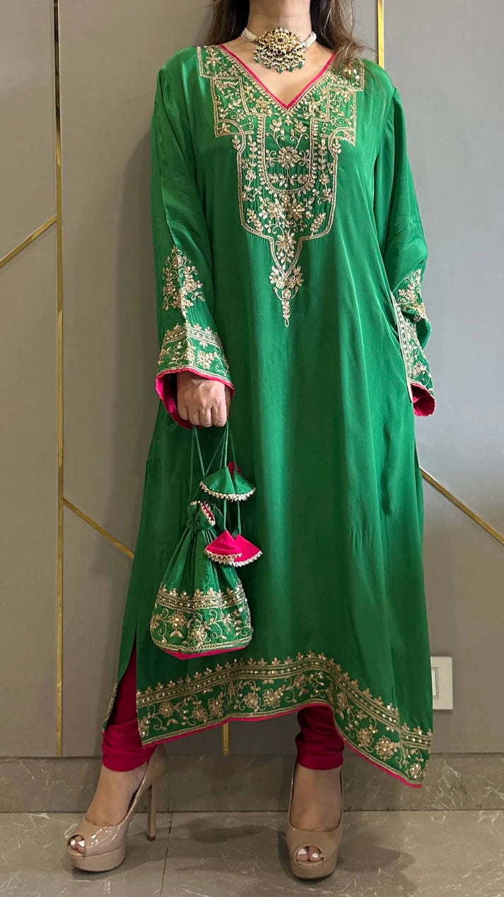 Luxury Crepe Embroidered Phiran Kurta Set with Churidar & Potli