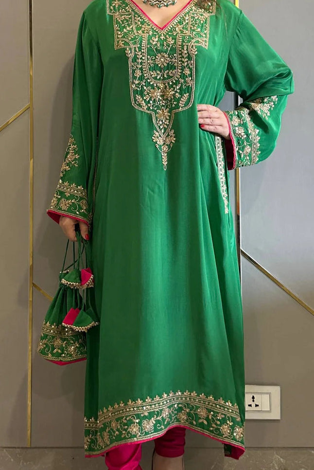 Luxury Crepe Embroidered Phiran Kurta Set with Churidar & Potli
