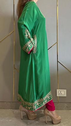 Luxury Crepe Embroidered Phiran Kurta Set with Churidar & Potli