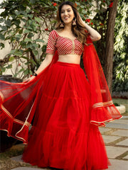 Red Net Gota Embroidered Lehenga Set