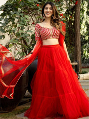 Red Net Gota Embroidered Lehenga Set