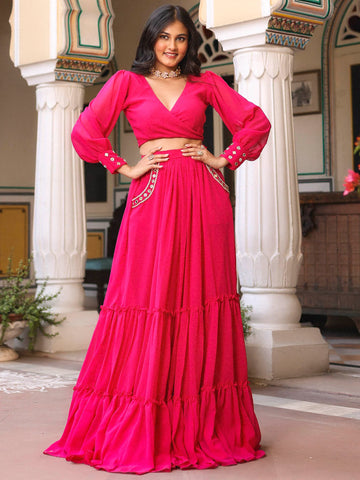 Pink Georgette Handwork Lehenga Set