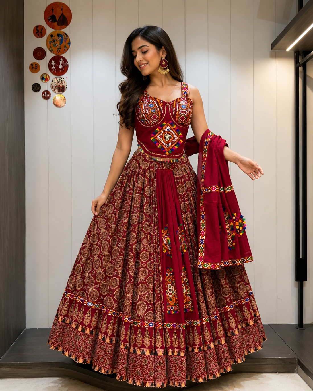 Ajrakh Tiranga Pure Camric Cotton Gamthi Work Lehenga