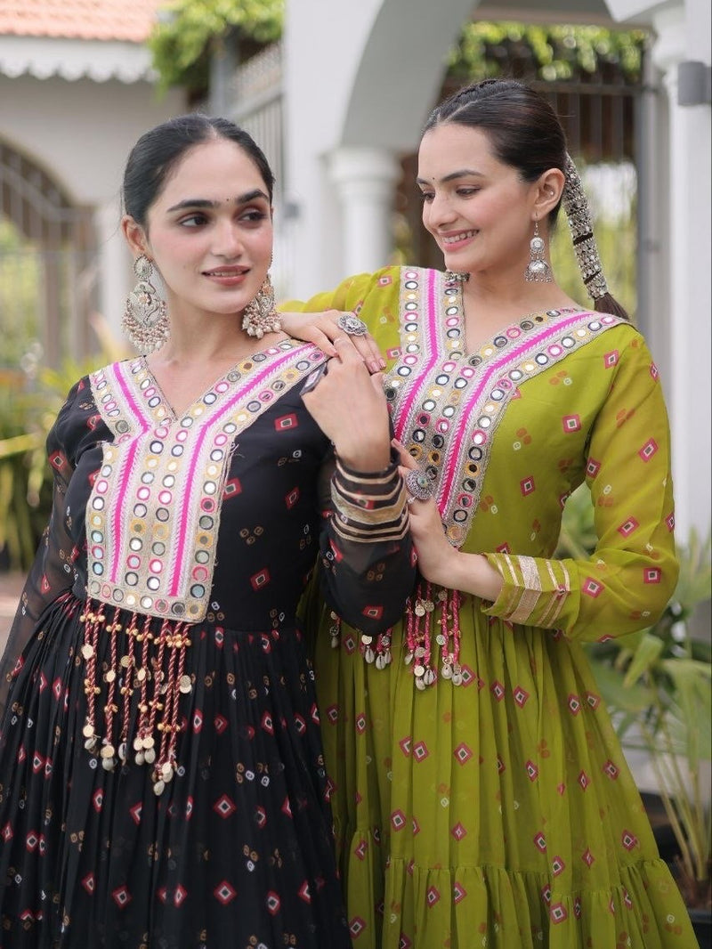 Laheriya Faux Georgette Anarkali Gown with Kutchi Patchwork