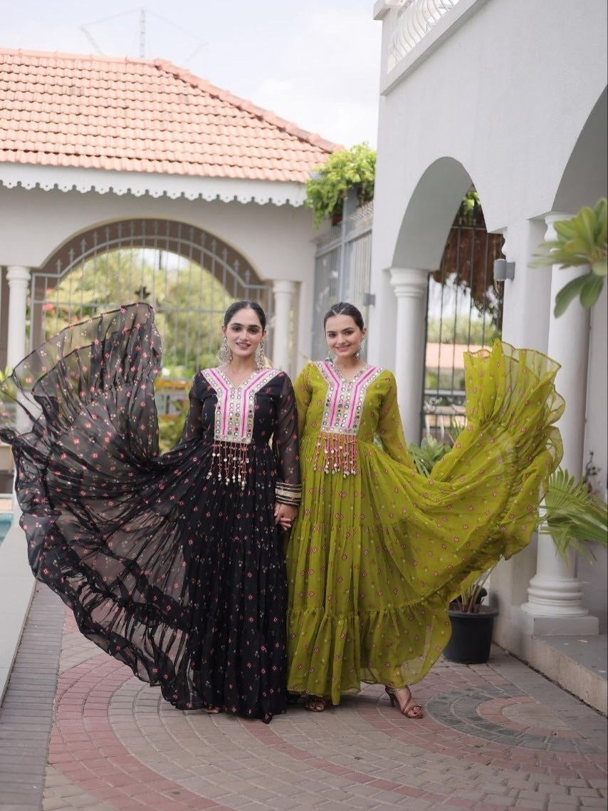 Laheriya Faux Georgette Anarkali Gown with Kutchi Patchwork