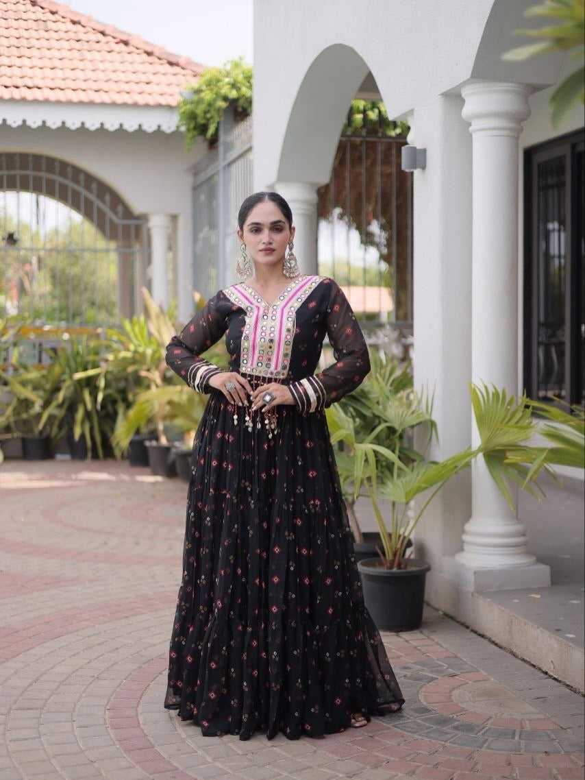 Laheriya Faux Georgette Anarkali Gown with Kutchi Patchwork