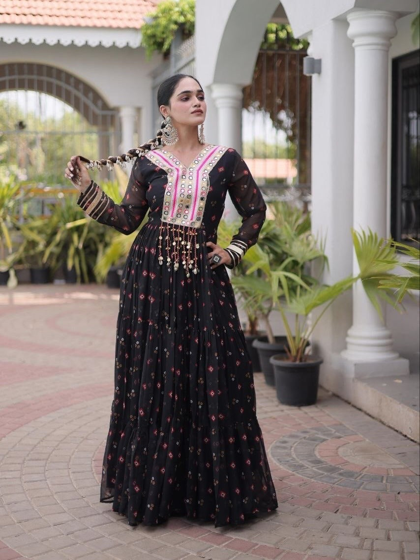Laheriya Faux Georgette Anarkali Gown with Kutchi Patchwork