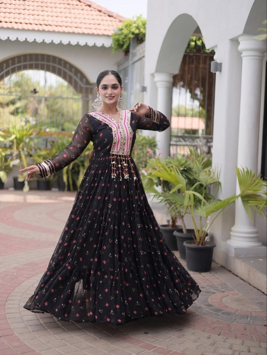 Laheriya Faux Georgette Anarkali Gown with Kutchi Patchwork