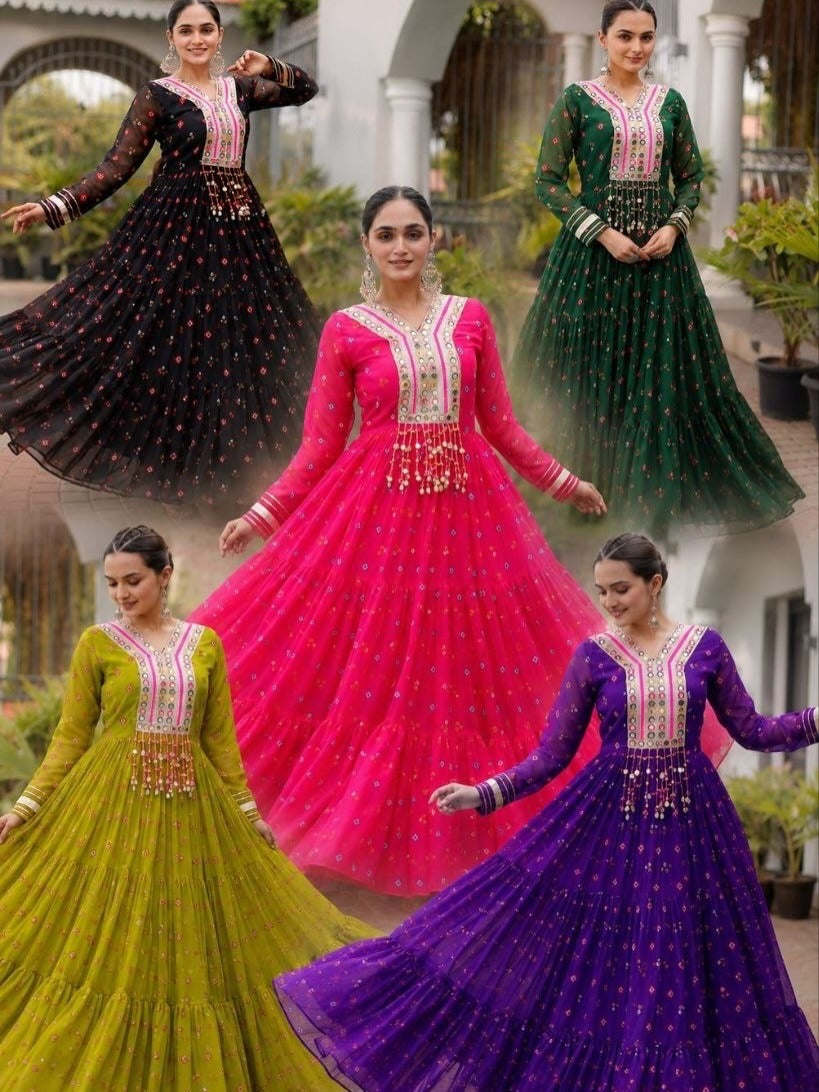 Laheriya Faux Georgette Anarkali Gown with Kutchi Patchwork