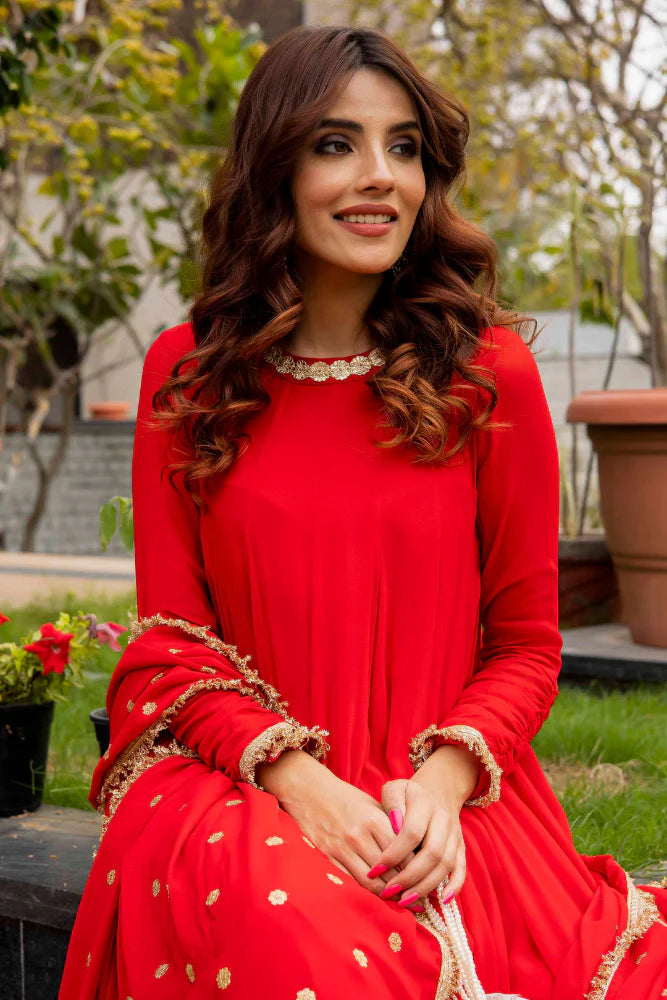 Georgette red anarkali kurta and palazzo