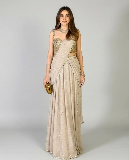 Light Beige Georgette Silk Mirror Pre -Draped Saree with Blouse