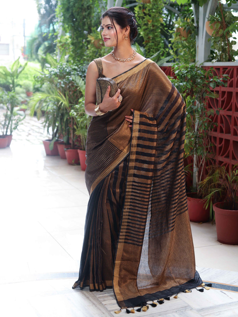 Linen Tissue Gold & Black Metallic Shine Saree with Stripes