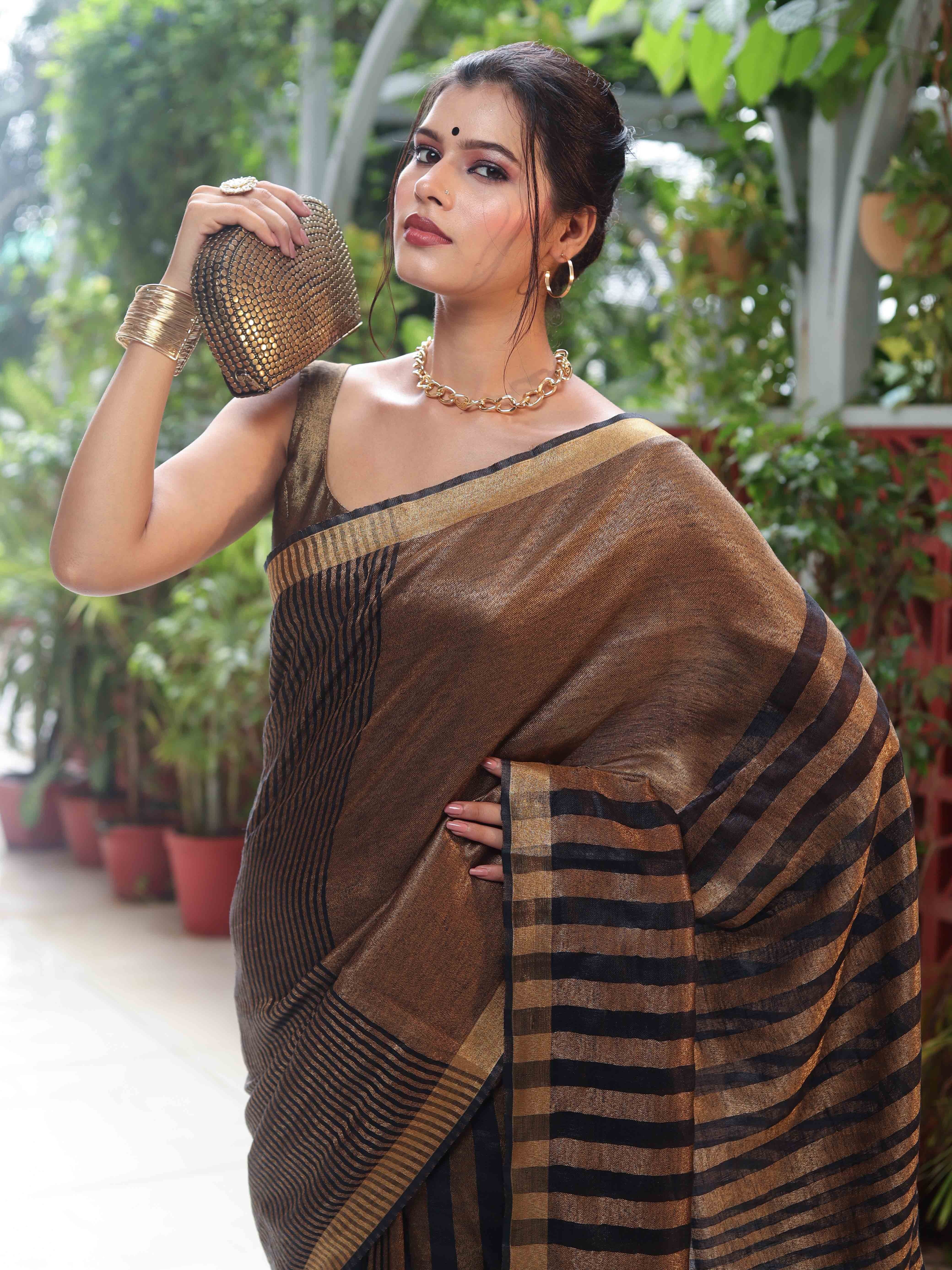 Linen Tissue Gold & Black Metallic Shine Saree with Stripes