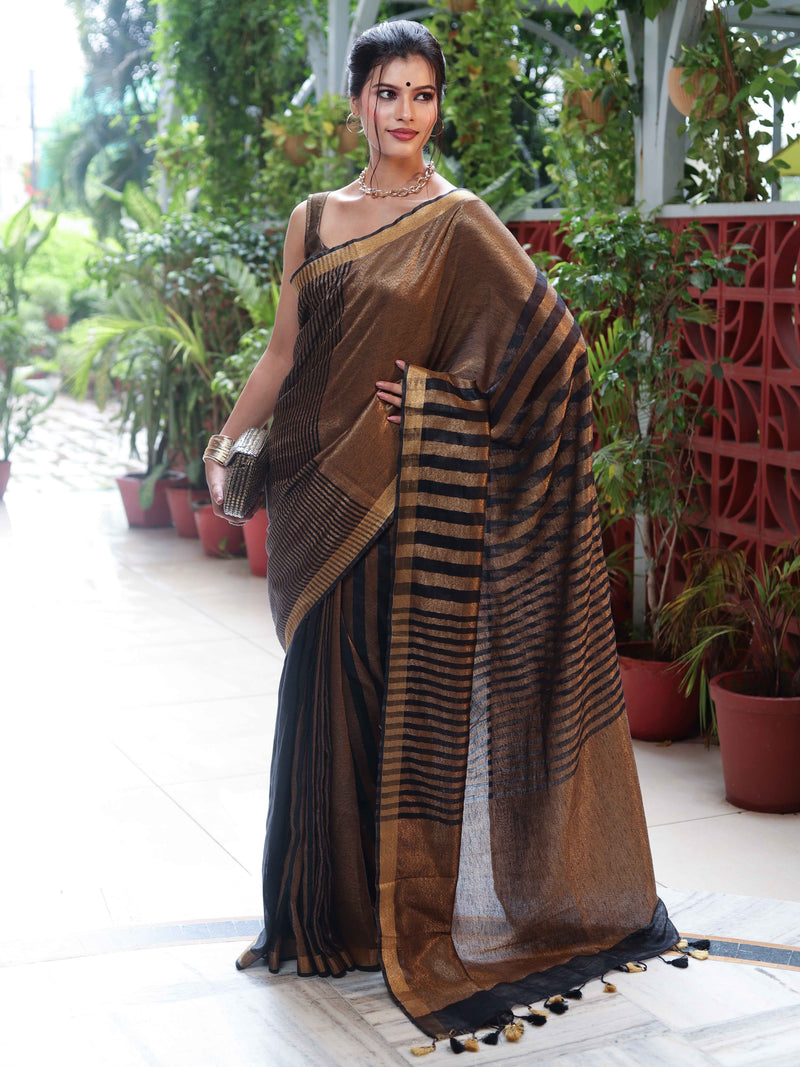 Linen Tissue Gold & Black Metallic Shine Saree with Stripes