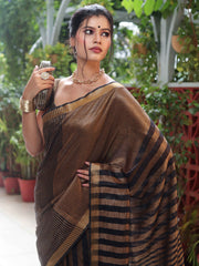 Linen Tissue Gold & Black Metallic Shine Saree with Stripes