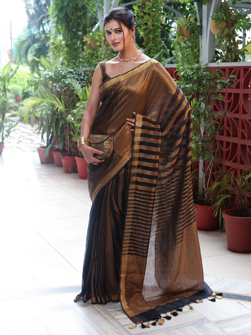 Linen Tissue Gold & Black Metallic Shine Saree with Stripes