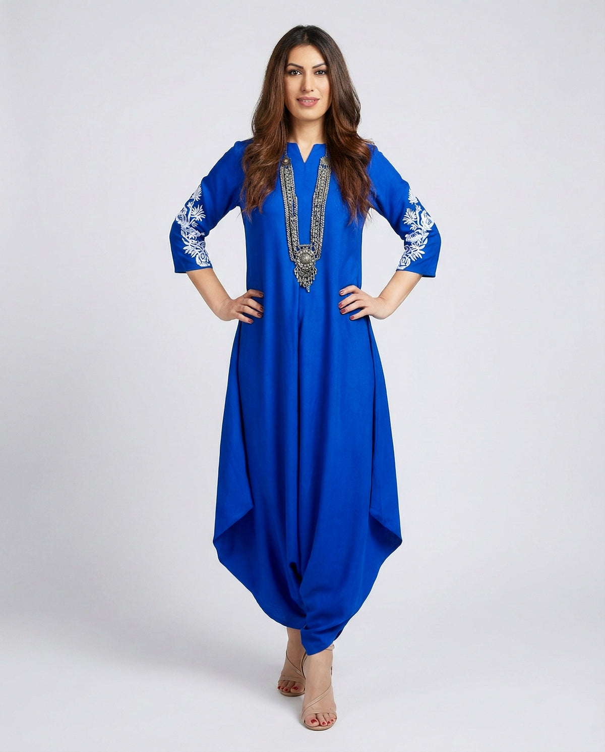Liva Cotton Royal Blue Embroidered Jumpsuit