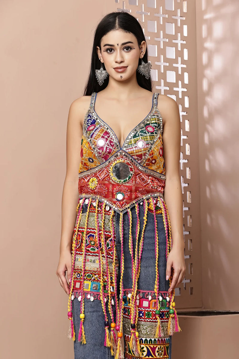 Navratri Special Multicolor Mirror Work Long Tassel Blouse