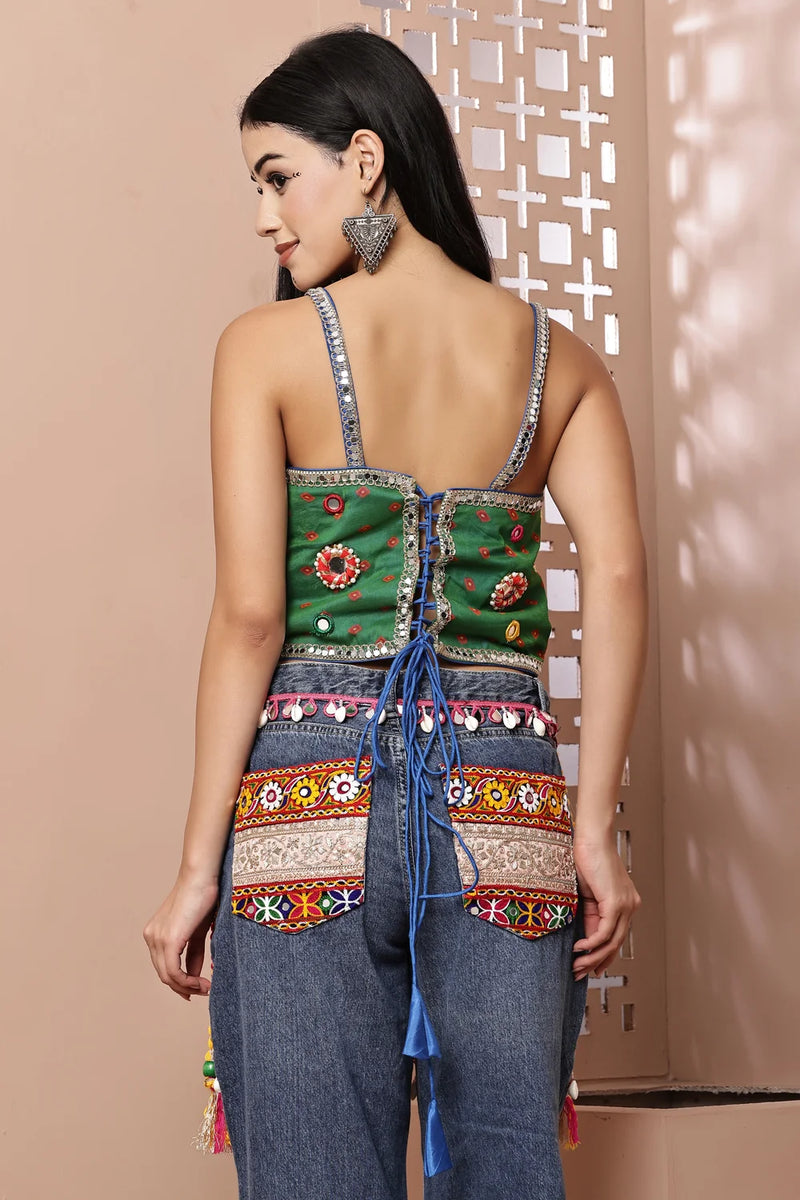 Navratri Special Multicolor Mirror Work Long Tassel Blouse