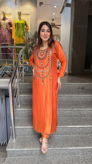 Rust Orange Simmer Tissue Embroidered Long Kurta Set