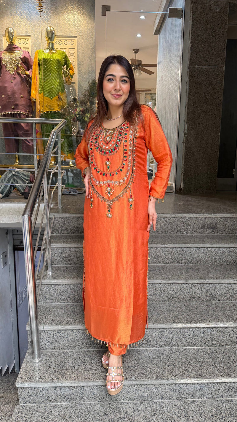 Rust Orange Simmer Tissue Embroidered Long Kurta Set