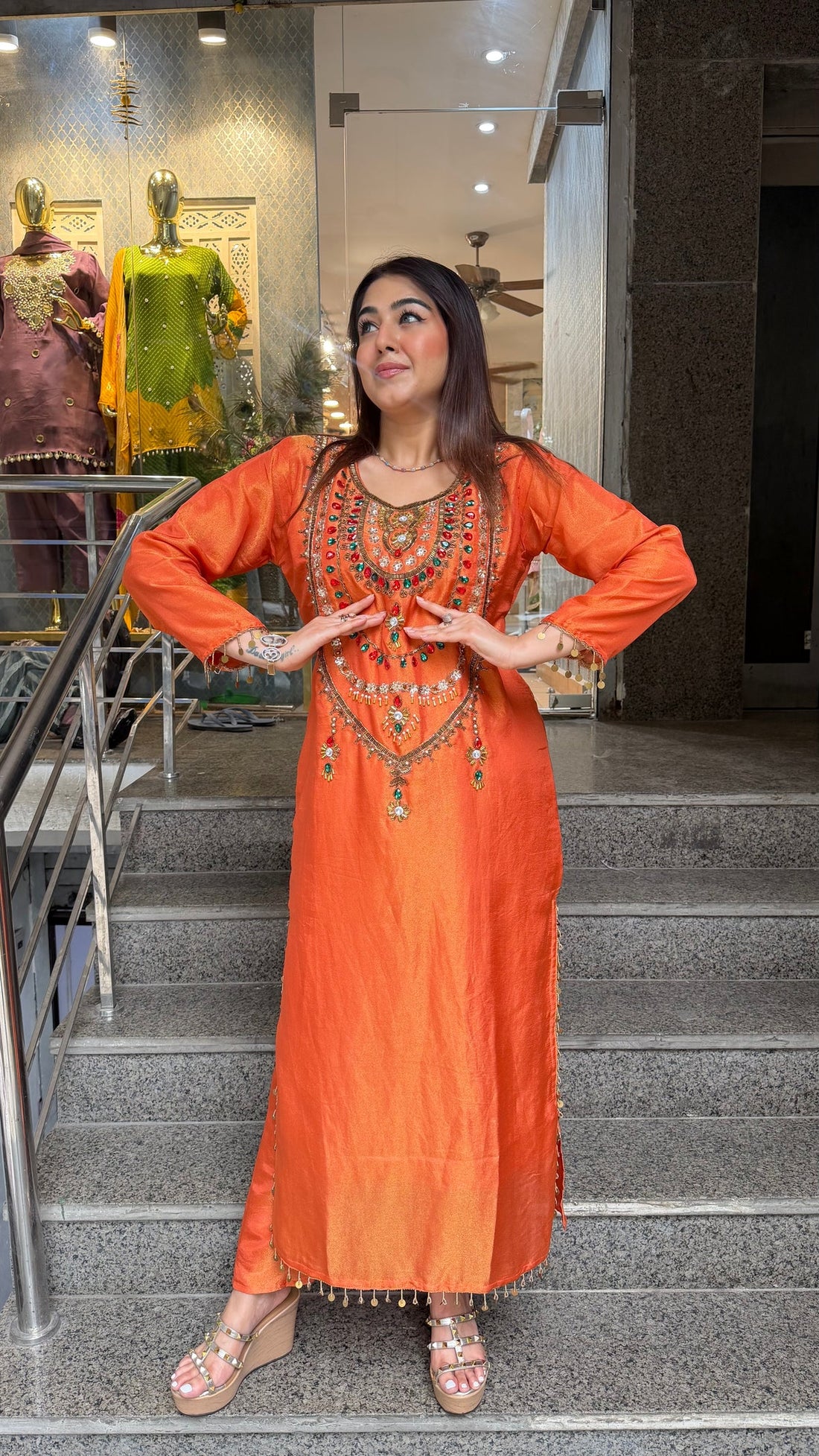 Rust Orange Simmer Tissue Embroidered Long Kurta Set