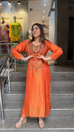 Rust Orange Simmer Tissue Embroidered Long Kurta Set