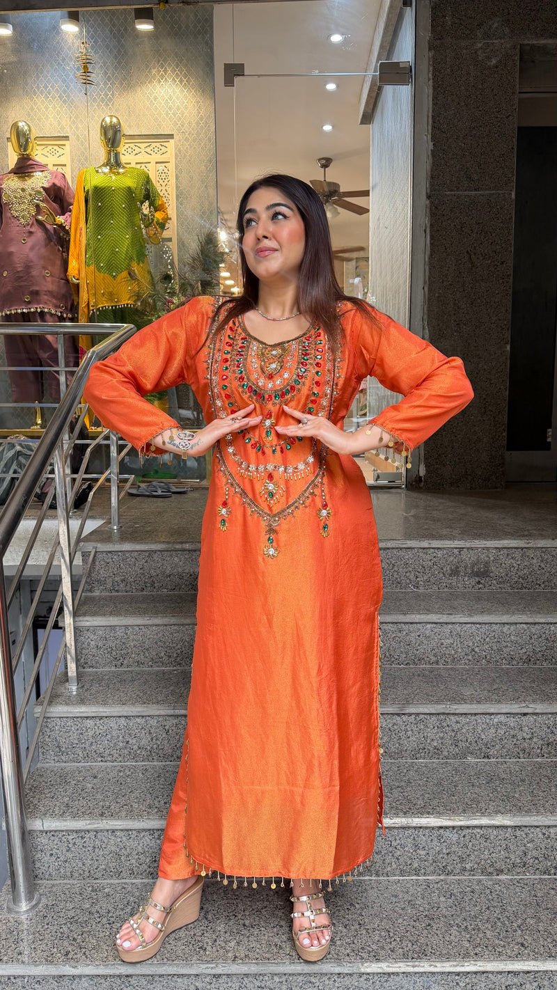Rust Orange Simmer Tissue Embroidered Long Kurta Set