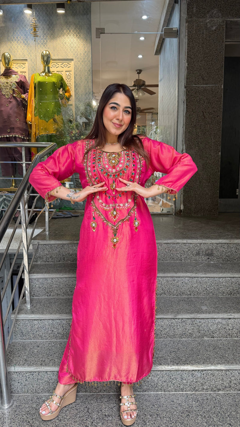 Rust Orange Simmer Tissue Embroidered Long Kurta Set