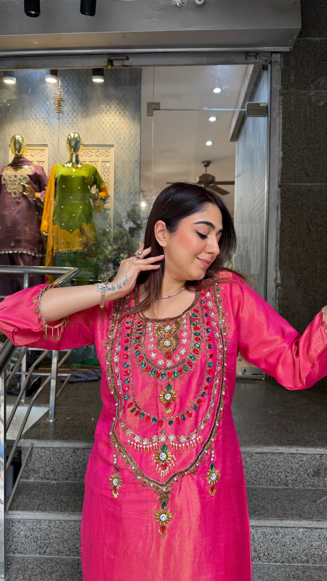 Rust Orange Simmer Tissue Embroidered Long Kurta Set