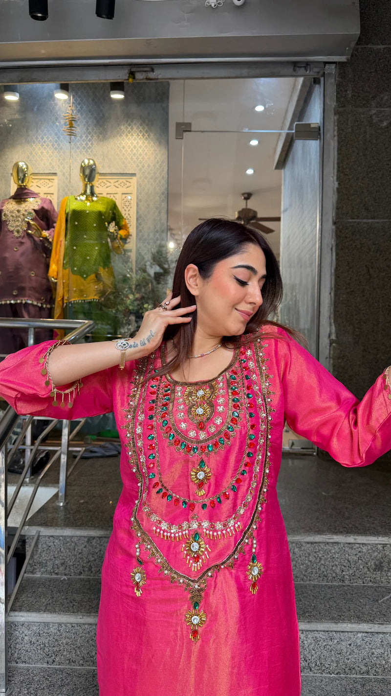 Rust Orange Simmer Tissue Embroidered Long Kurta Set