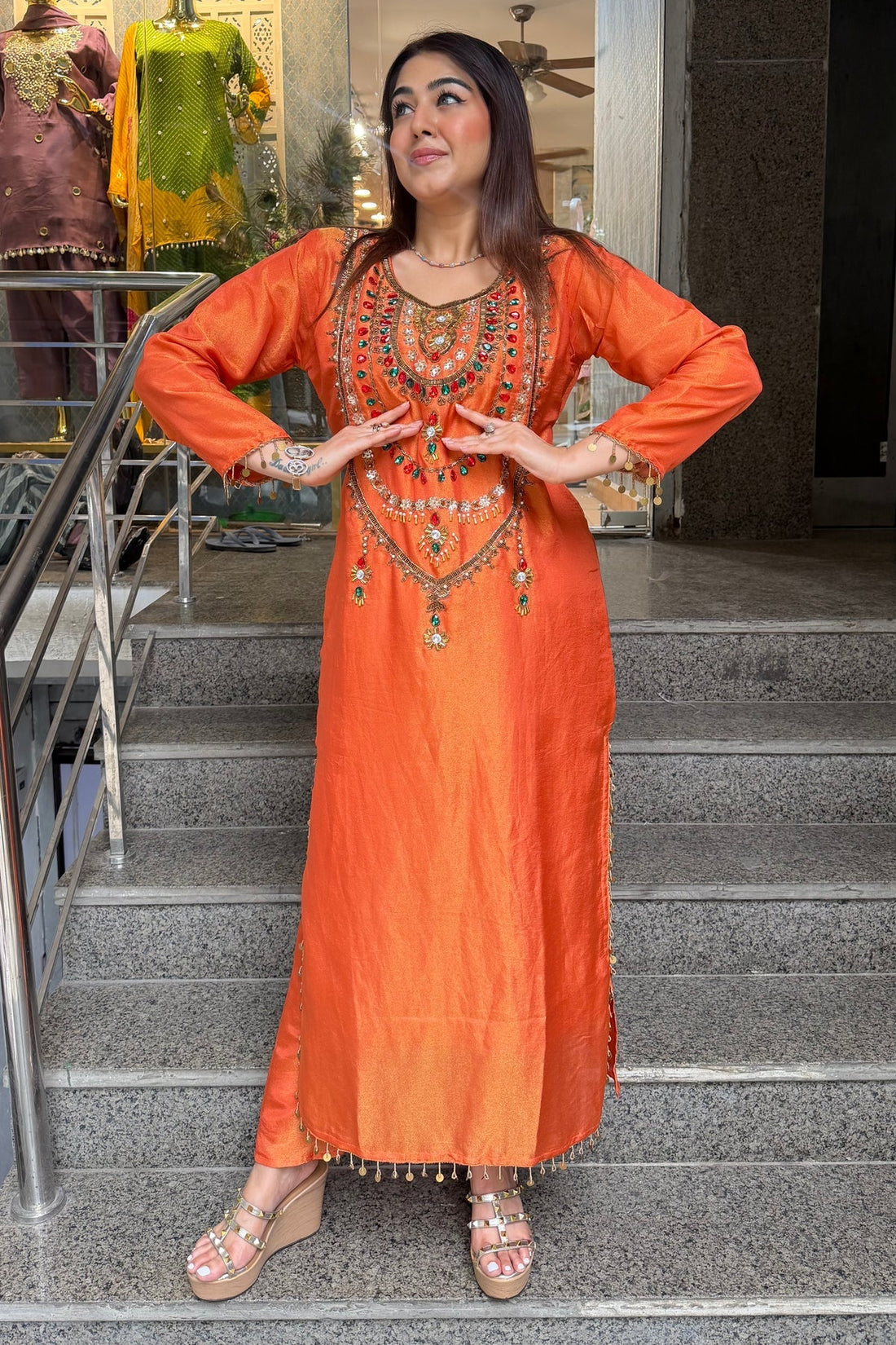 Rust Orange Simmer Tissue Embroidered Long Kurta Set