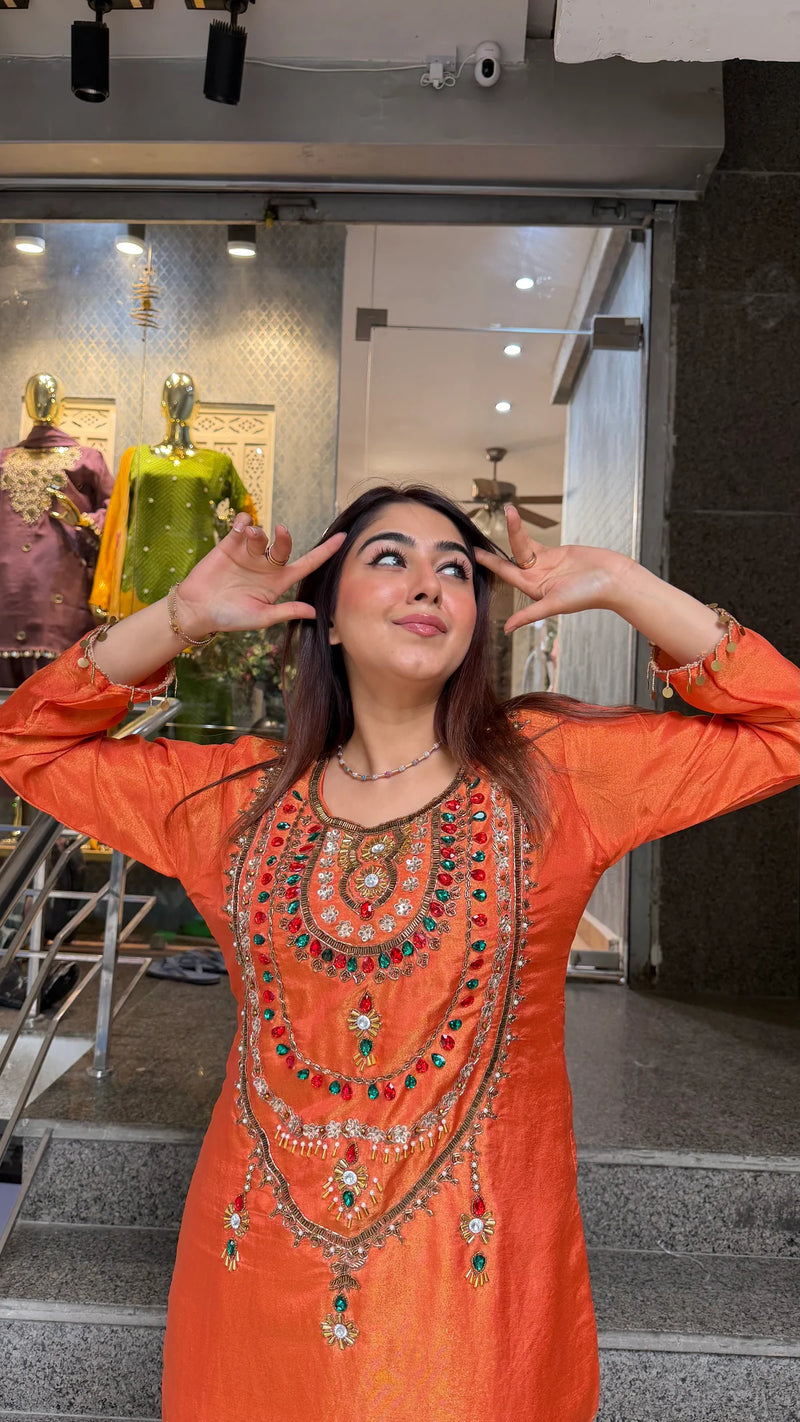 Rust Orange Simmer Tissue Embroidered Long Kurta Set