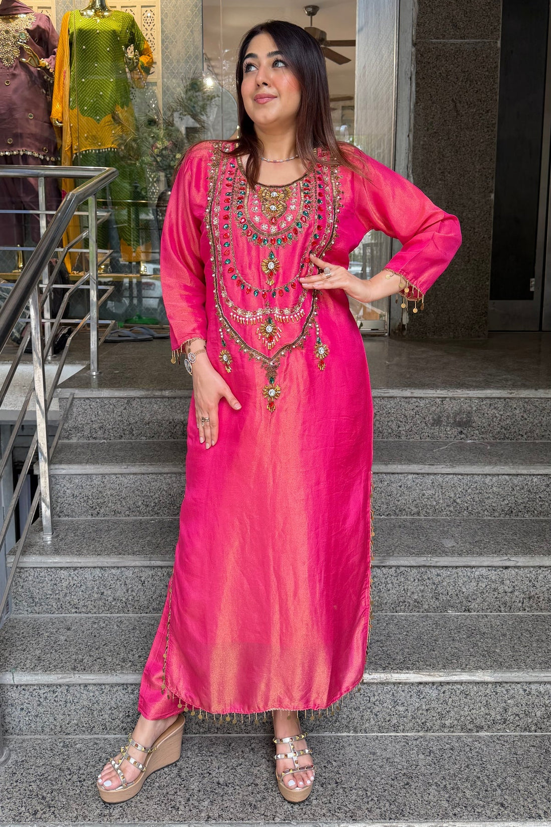 Rust Orange Simmer Tissue Embroidered Long Kurta Set