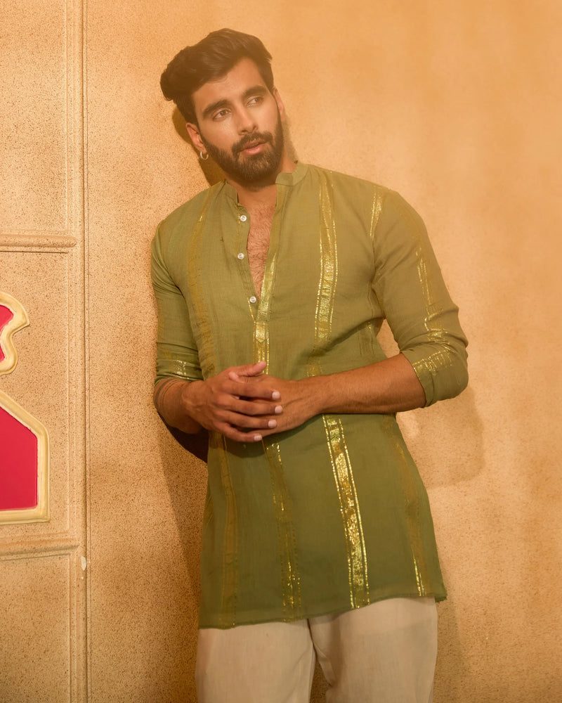 Lurex Olive Green Knitted Kurta