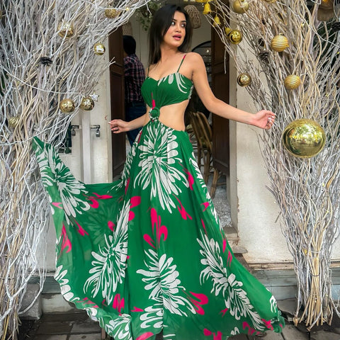 Lush Forest Green Strappy Sleeve Georgette Long Dress