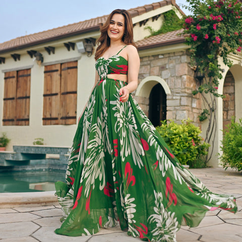 Lush Forest Green Strappy Sleeve Georgette Long Dress