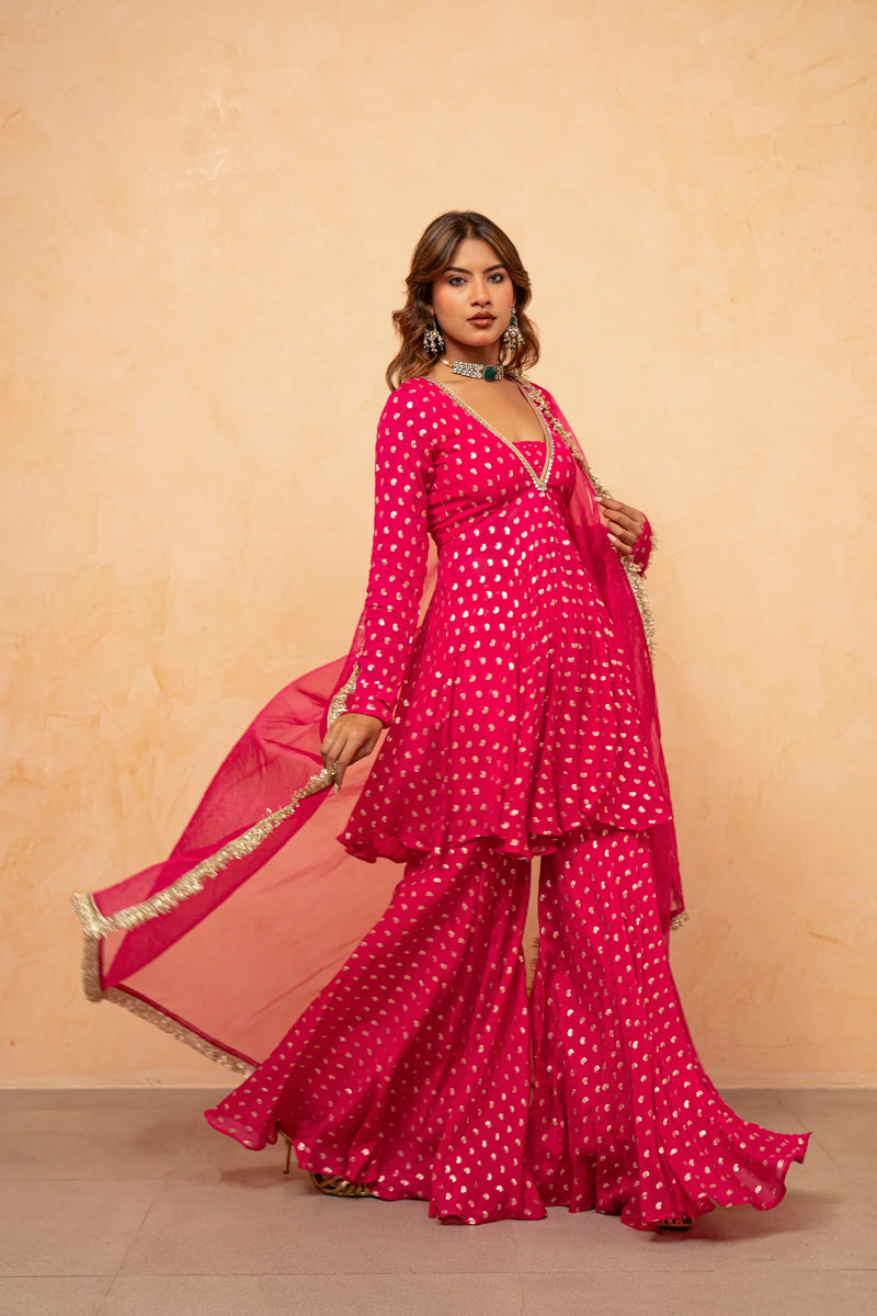 Rani Noor Golden Butti Sharara Set with Organza Dupatta
