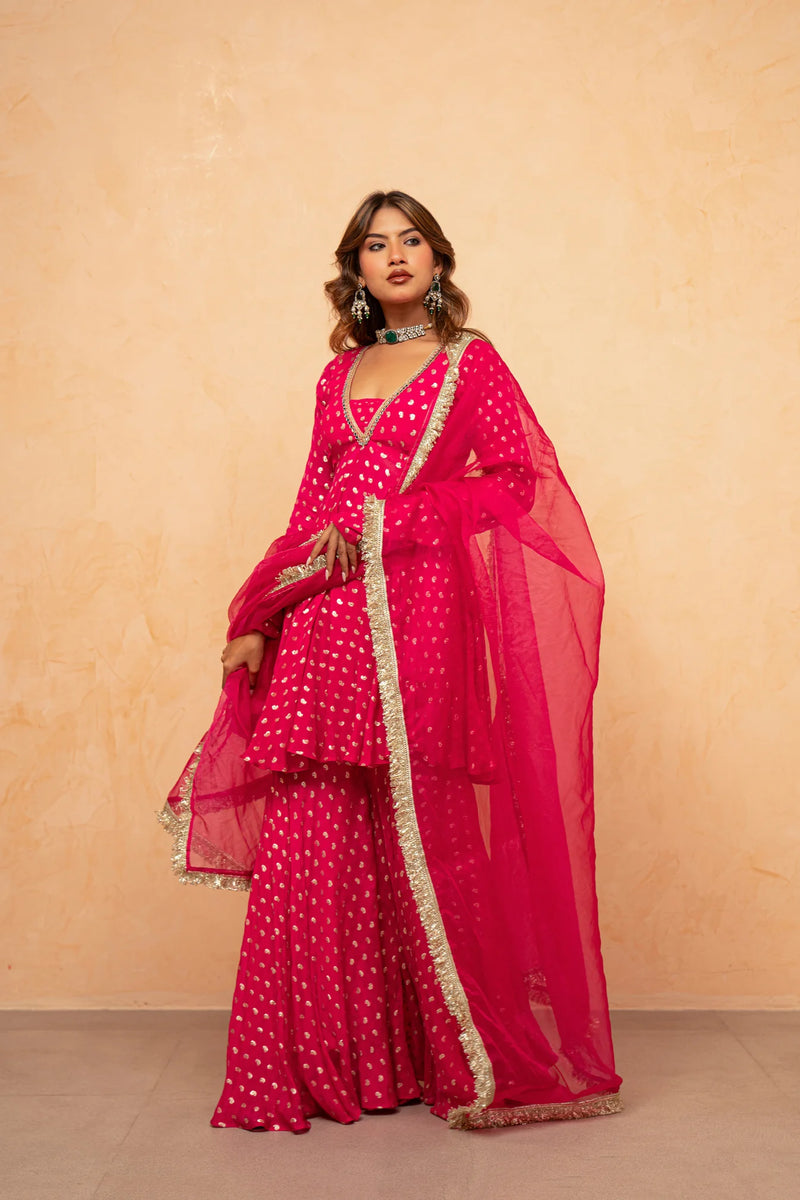 Rani Noor Golden Butti Sharara Set with Organza Dupatta