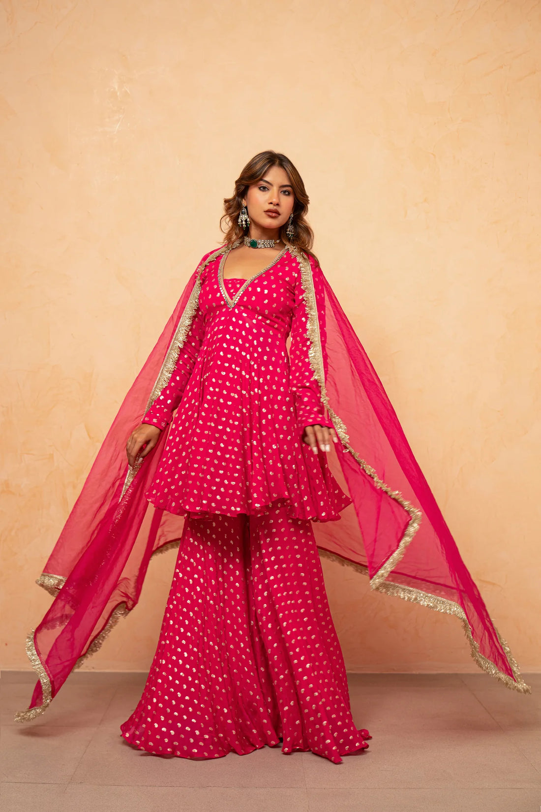 Rani Noor Golden Butti Sharara Set with Organza Dupatta