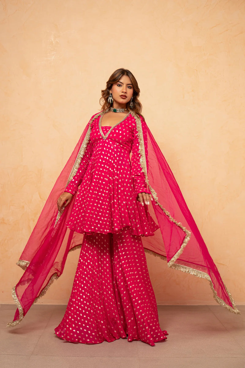 Rani Noor Golden Butti Sharara Set with Organza Dupatta
