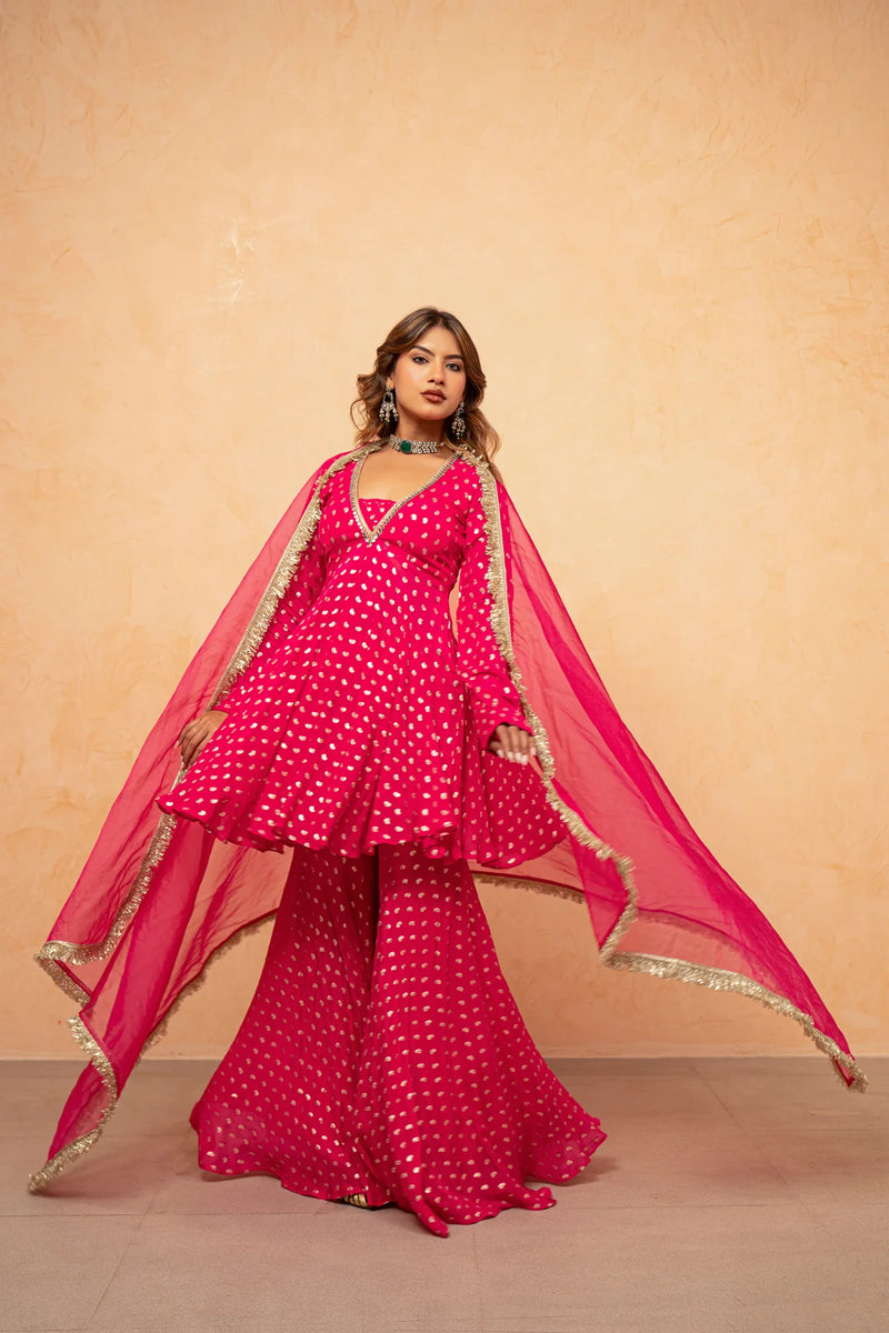 Rani Noor Golden Butti Sharara Set with Organza Dupatta