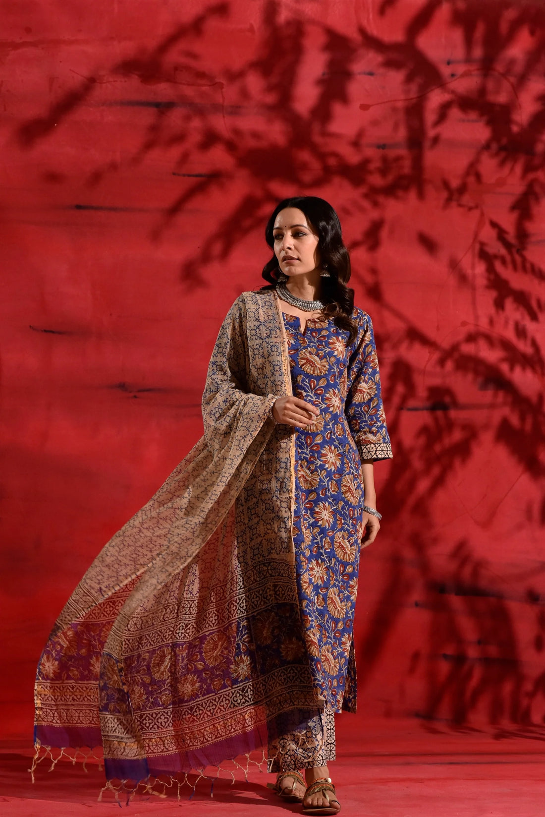 Blue Red Kalamkari Cotton Suit Set