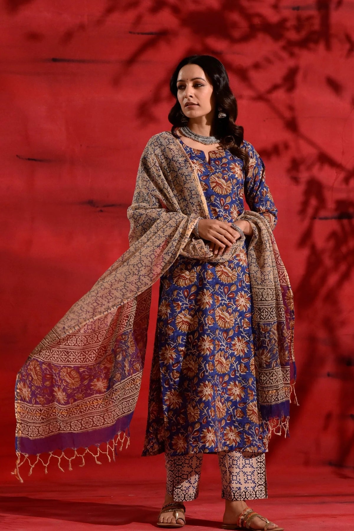Blue Red Kalamkari Cotton Suit Set