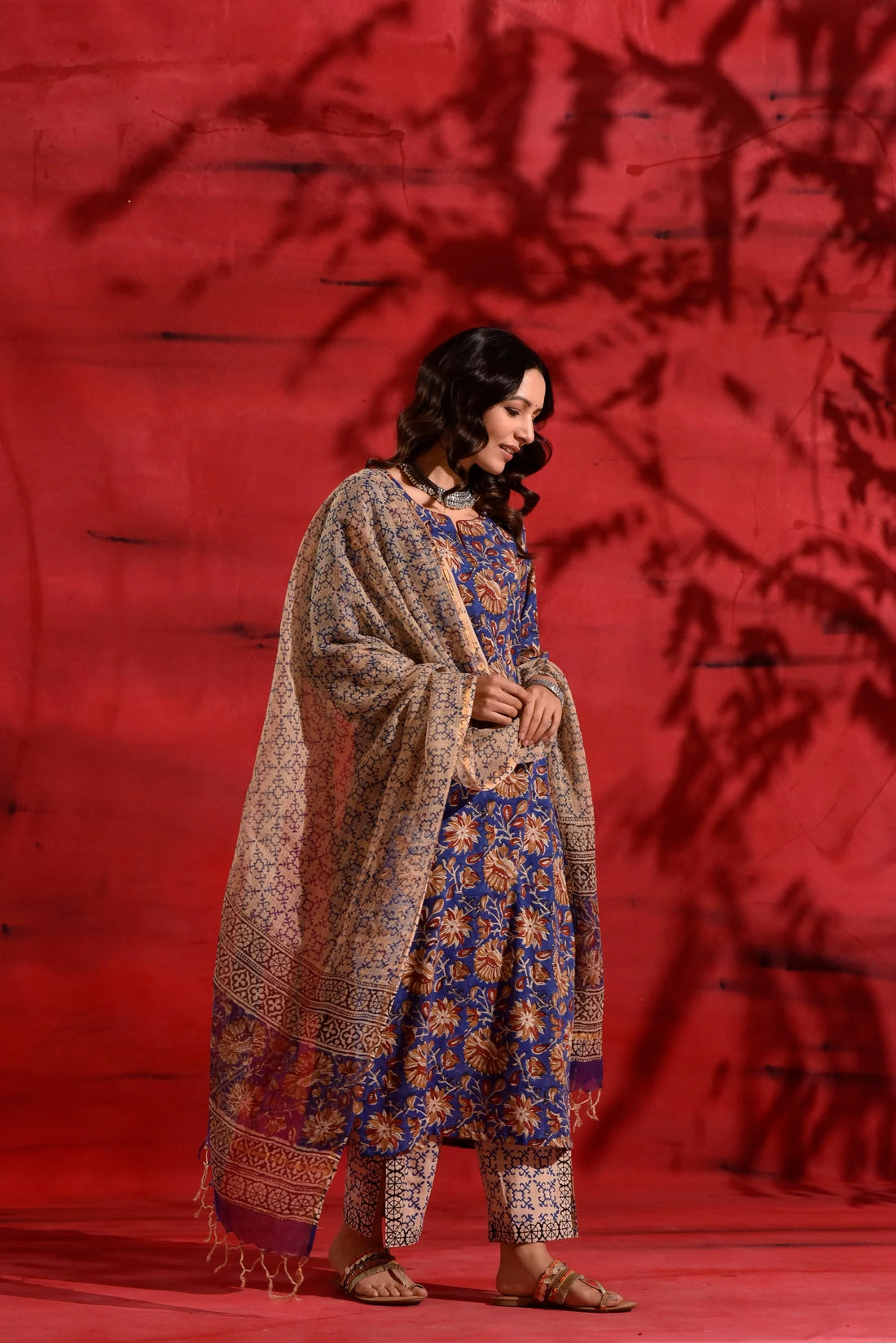 Blue Red Kalamkari Cotton Suit Set