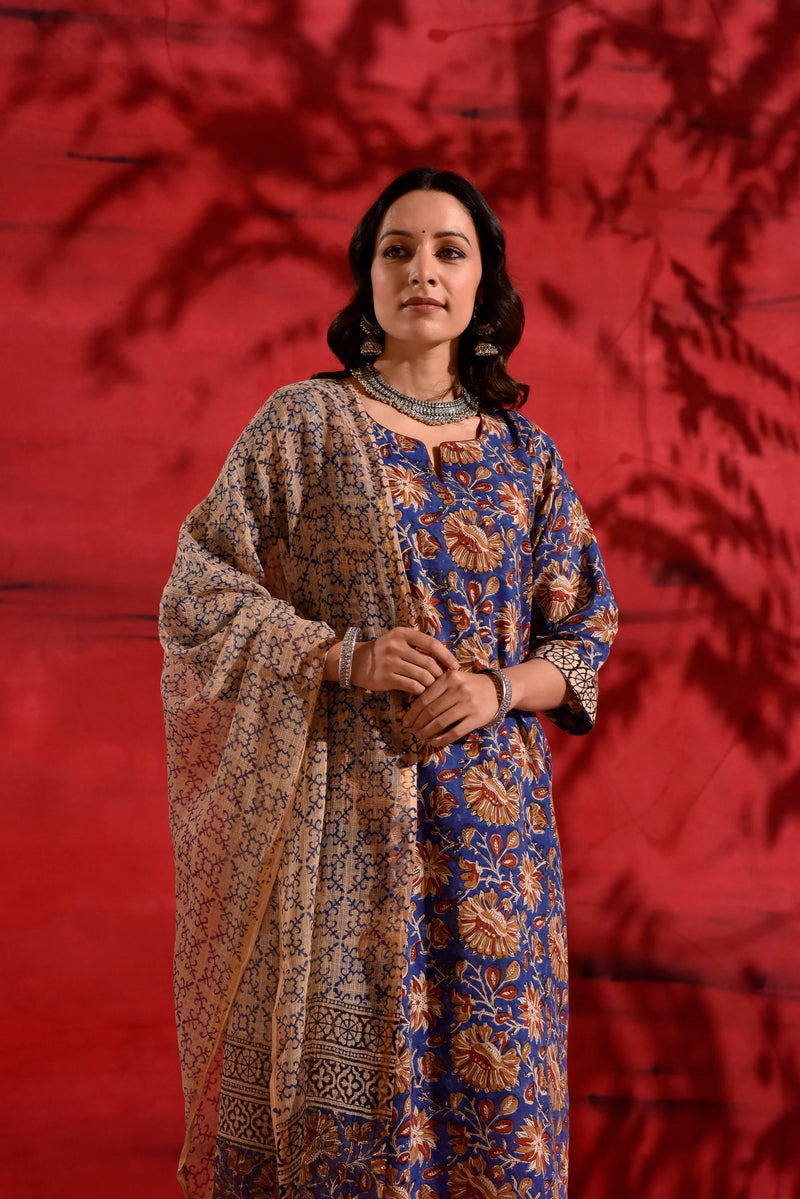 Blue Red Kalamkari Cotton Suit Set
